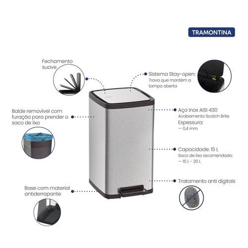 Lixeira Octos Inox com Balde Removível e Pedal 15 Litros Tramontina