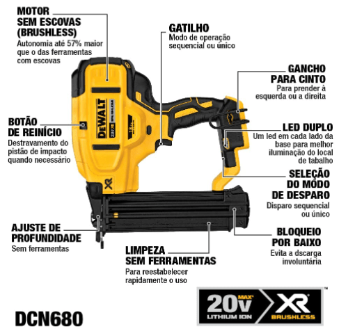 Pinador 20v Max Brushless Sem Bateria e Carregador Dcn680b Dewalt