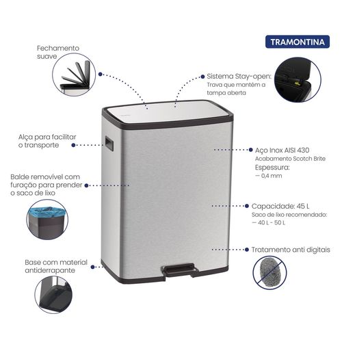 Lixeira Octos Inox com Balde Removível e Pedal 45 Litros Tramontina