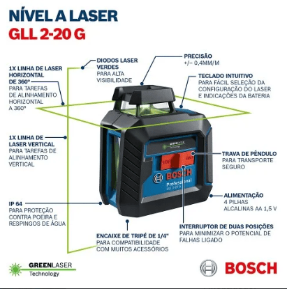Nível a Laser com 2 Linhas Verdes 360° Alcance 10 Metros - Gll 2-20 G Bosch
