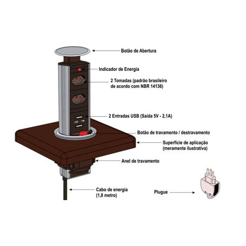 Torre de Tomada Multiplug com 2 Tomadas + Usb To Open Renna