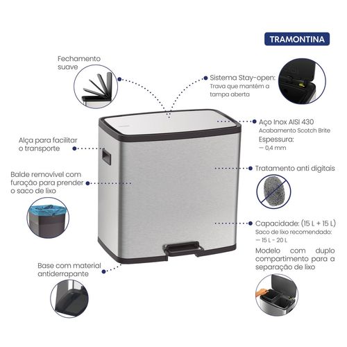 LIXEIRA OCTOS INOX COM 02 BALDES REMOVÍVEL E PEDAL 15 + 15 LITROS TRAMONTINA