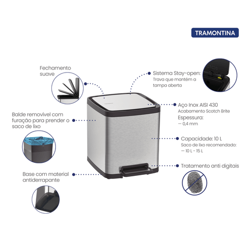 Lixeira Octos Inox com Balde Removível e Pedal 10 Litros Tramontina