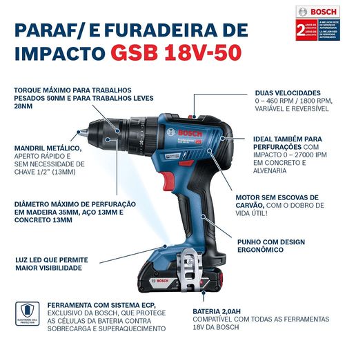 Parafusadeira Furadeira de Impacto Gsb 18v-50 2 Baterias e Maleta Bosch