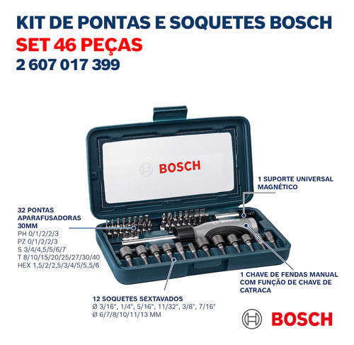 Kit de Pontas e Soquetes para Parafusar 46 Unidades Bosch
