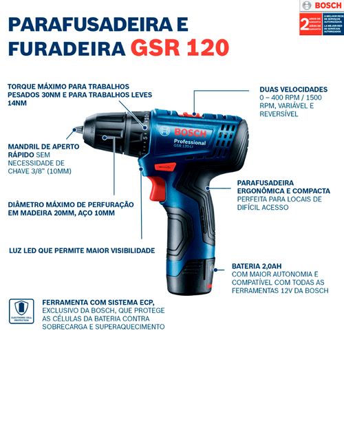 Parafusadeira a Bateria Gsr-120 12v Bosch