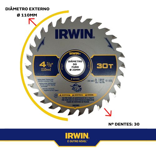 DISCO DE SERRA CIRCULAR CORTE FINO 110MM X 30D X F20MM IRWIN