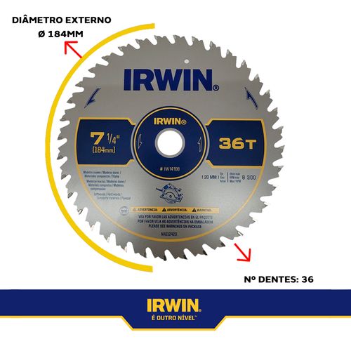 DISCO DE SERRA CIRCULAR CORTE FINO 184MM X 36D X F20MM IRWIN