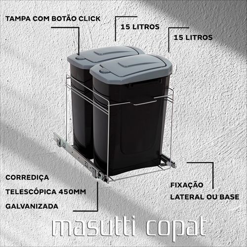 LIXEIRA DUPLA 15 LITROS DESLIZANTE 1043 CROMADA MASUTTI