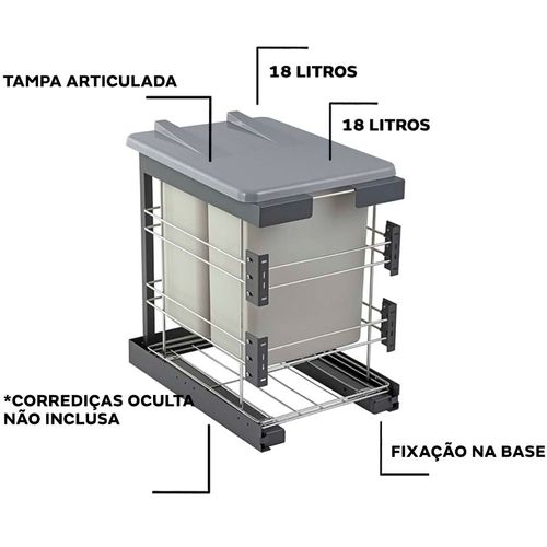 LIXEIRA DUPLA 18 LITROS DESLIZANTE 4308 INOX MASUTTI