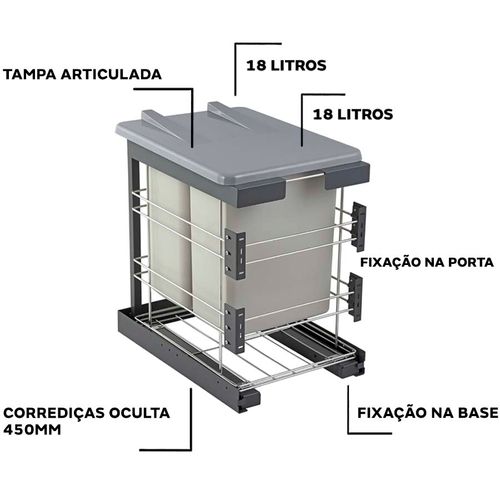Lixeira Dupla 18 Litros Deslizante 4323 Inox Masutti