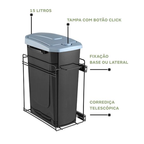Lixeira Simples 15 Litros Deslizante 1042 Preta Masutti