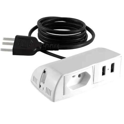 Sonic Duplo Fixo com 1 Tomada 10a e 2 Usb Cabo 1,7m Branco Qtmov