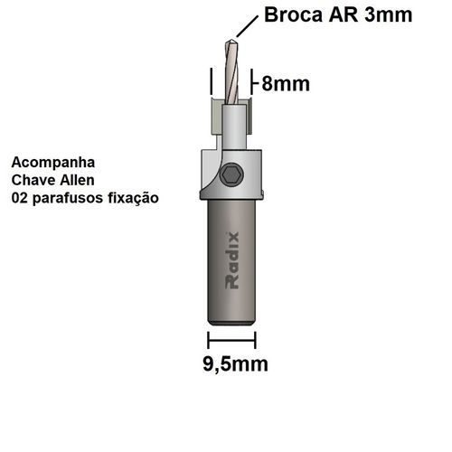 Escareador 90º Reto X 8mm com Broca 3mm Radix