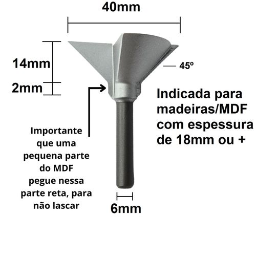 FRESA PARA PUXADOR INVERTIDO 45º X 40MM HASTE 6MM RADIX