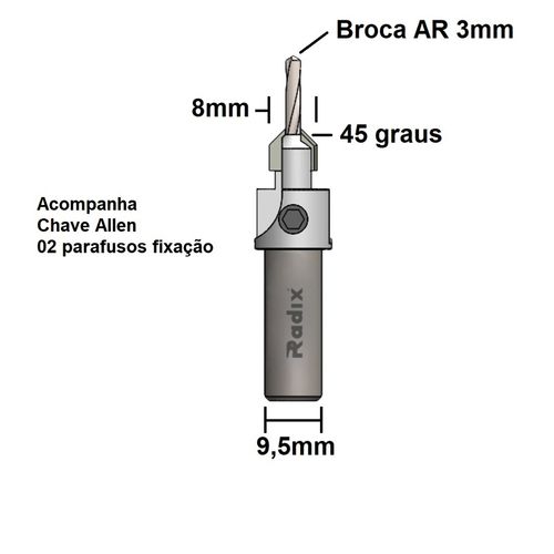 Escareador 45º X 8mm com Broca 3mm Radix