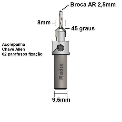 Escareador 45º X 8mm com Broca 2,5mm Radix