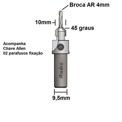 Escareador 45º X 10mm com Broca 4mm Radix