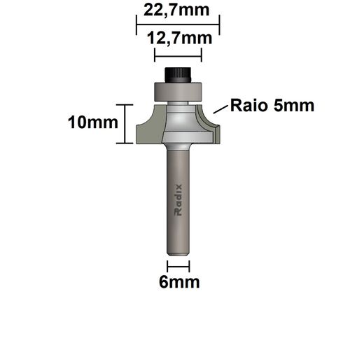 Fresa para Bordas Raio 5mm Corte 22,7mm Haste 6mm Radix