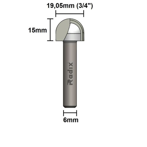 Fresa Meia Cana Ponta U 19,05mm Haste 6mm Radix