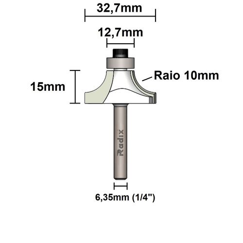 Fresa para Bordas Raio 10mm Corte 32,7mm Haste 6mm Radix
