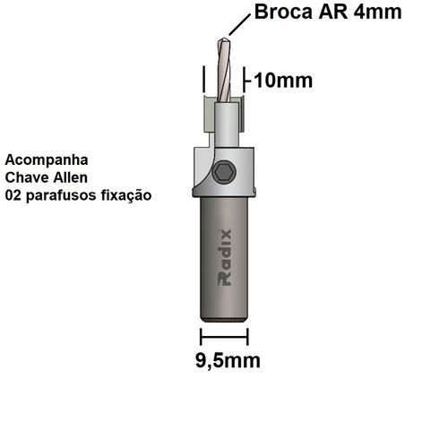 Escareador 90º Reto X 10mm com Broca 4mm Radix