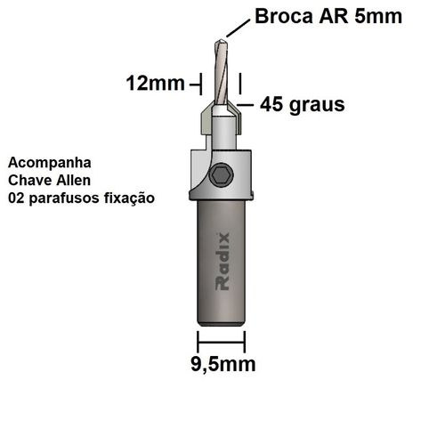 Escareador 45º X 12mm com Broca 5mm Radix