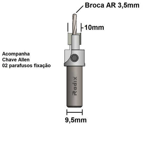 Escareador 90º Reto X 10mm com Broca 3,5mm Radix