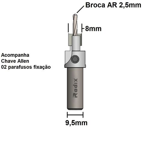 Escareador 90º Reto X 8mm com Broca 2,5mm Radix