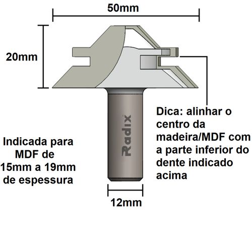 Fresa para Junção 45º 50mm Haste 12mm Radix