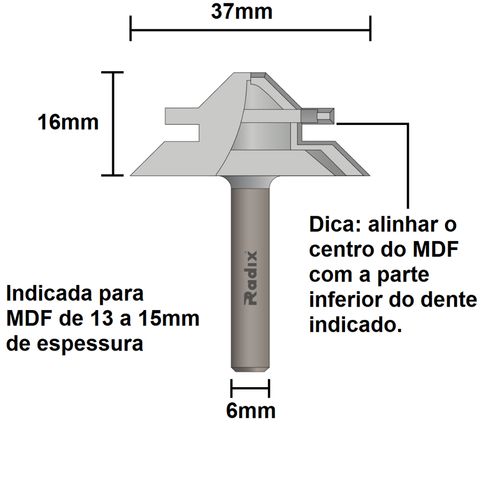 FRESA PARA JUNÇÃO 37MM 45 GRAUS HASTE 6MM RADIX