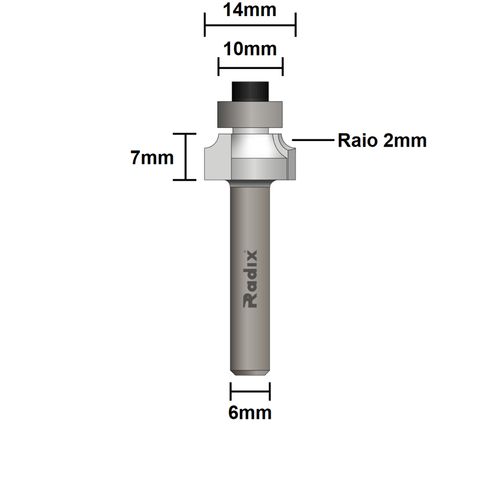 Fresa para Bordas Raio 2mm Corte 14mm Haste 6mm Radix