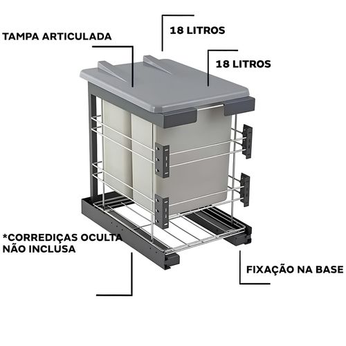 LIXEIRA DUPLA 18 LITROS DESLIZANTE 4308 INOX MASUTTI