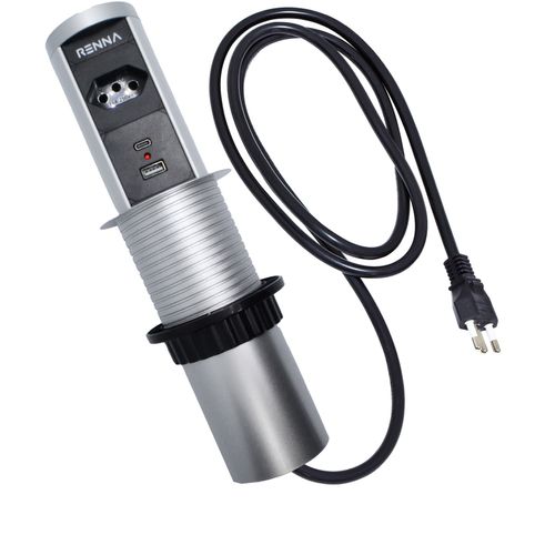 Torre multiplug 1 Tomada e 2 USB Carregamento Wireless Embutir Prata 65mm Renna