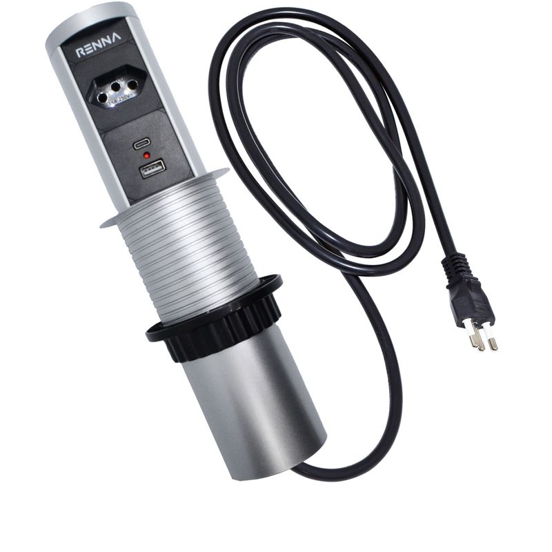 Torre multiplug 1 Tomada e 2 USB Carregamento Wireless Embutir Prata 65mm Renna 76772_0.jpg
