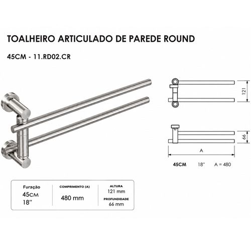 Toalheiro Articulado de Parede Round 45cm Cromado Metalworks